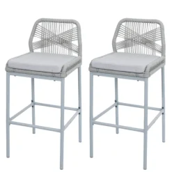 PROREGAL 2er-Set Rope-Barhocker, HxBxT 101x45x52 cm, Sitzhöhe 76cm, Hellgrau, Kissen Hellgrau, Outdoor Sitzpolster Seilgeflecht Metall