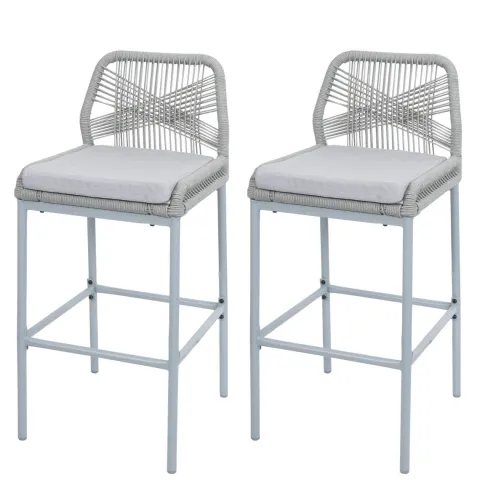 PROREGAL 2er-Set Rope-Barhocker, HxBxT 101x45x52 cm, Sitzhöhe 76cm, Hellgrau, Kissen Hellgrau, Outdoor Sitzpolster Seilgeflecht Metall