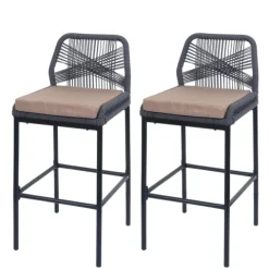 PROREGAL 2er-Set Rope-Barhocker, HxBxT 101x45x52 cm, Sitzhöhe 76cm, Anthrazit, Kissen Taupe, Outdoor Sitzpolster Seilgeflecht Metall