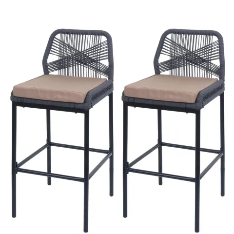 PROREGAL 2er-Set Rope-Barhocker, HxBxT 101x45x52 cm, Sitzhöhe 76cm, Anthrazit, Kissen Taupe, Outdoor Sitzpolster Seilgeflecht Metall