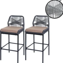 PROREGAL 2er-Set Rope-Barhocker, HxBxT 101x45x52 cm, Sitzhöhe 76cm, Anthrazit, Kissen Taupe, Outdoor Sitzpolster Seilgeflecht Metall