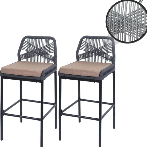 PROREGAL 2er-Set Rope-Barhocker, HxBxT 101x45x52 cm, Sitzhöhe 76cm, Anthrazit, Kissen Taupe, Outdoor Sitzpolster Seilgeflecht Metall