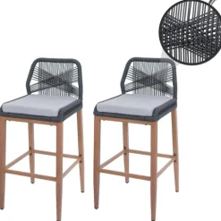 PROREGAL 2er-Set Rope-Barhocker, HxBxT 101x45x50 cm, Sitzhöhe 76cm, Anthrazit, Kissen Hellgrau, Outdoor Sitzpolster Seilgeflecht Metall Holz-Optik
