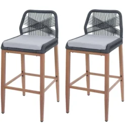PROREGAL 2er-Set Rope-Barhocker, HxBxT 101x45x50 cm, Sitzhöhe 76cm, Anthrazit, Kissen Hellgrau, Outdoor Sitzpolster Seilgeflecht Metall Holz-Optik