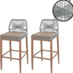 PROREGAL 2er-Set Rope-Barhocker, HxBxT 101x45x50 cm, Sitzhöhe 76cm, Hellgrau, Kissen Taupe, Outdoor Sitzpolster Seilgeflecht Metall Holz-Optik