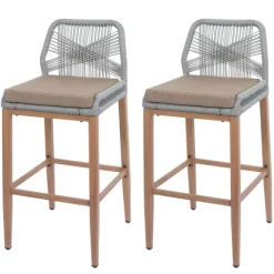 PROREGAL 2er-Set Rope-Barhocker, HxBxT 101x45x50 cm, Sitzhöhe 76cm, Hellgrau, Kissen Taupe, Outdoor Sitzpolster Seilgeflecht Metall Holz-Optik