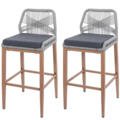 PROREGAL 2er-Set Rope-Barhocker, HxBxT 101x45x50 cm, Sitzhöhe 76cm, Hellgrau, Kissen Dunkelgrau, Outdoor Sitzpolster Seilgeflecht Metall Holz-Optik