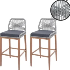 PROREGAL 2er-Set Rope-Barhocker, HxBxT 101x45x50 cm, Sitzhöhe 76cm, Hellgrau, Kissen Dunkelgrau, Outdoor Sitzpolster Seilgeflecht Metall Holz-Optik