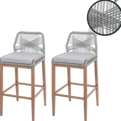PROREGAL 2er-Set Rope-Barhocker, HxBxT 101x45x50 cm, Sitzhöhe 76cm, Hellgrau, Kissen Hellgrau, Outdoor Sitzpolster Seilgeflecht Metall Holz-Optik