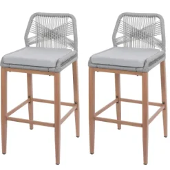 PROREGAL 2er-Set Rope-Barhocker, HxBxT 101x45x50 cm, Sitzhöhe 76cm, Hellgrau, Kissen Hellgrau, Outdoor Sitzpolster Seilgeflecht Metall Holz-Optik