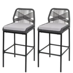 PROREGAL 2er-Set Rope-Barhocker, HxBxT 101x45x52 cm, Sitzhöhe 76cm, Anthrazit, Kissen Hellgrau, Outdoor Sitzpolster Seilgeflecht Metall