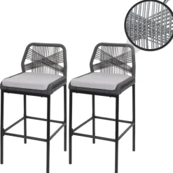 PROREGAL 2er-Set Rope-Barhocker, HxBxT 101x45x52 cm, Sitzhöhe 76cm, Anthrazit, Kissen Hellgrau, Outdoor Sitzpolster Seilgeflecht Metall