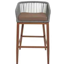 PROREGAL 2er-Set Rope-Barhocker, HxBxT 92x51x53 cm, Sitzhöhe 76cm, Hellgrau, Kissen Taupe, Outdoor Sitzpolster Seilgeflecht Metall Holz-Optik