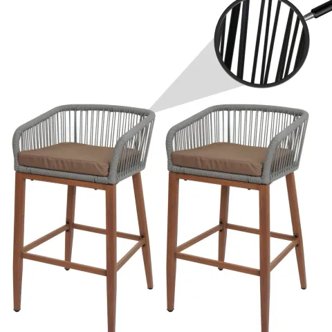 PROREGAL 2er-Set Rope-Barhocker, HxBxT 92x51x53 cm, Sitzhöhe 76cm, Hellgrau, Kissen Taupe, Outdoor Sitzpolster Seilgeflecht Metall Holz-Optik