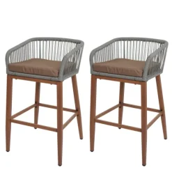 PROREGAL 2er-Set Rope-Barhocker, HxBxT 92x51x53 cm, Sitzhöhe 76cm, Hellgrau, Kissen Taupe, Outdoor Sitzpolster Seilgeflecht Metall Holz-Optik