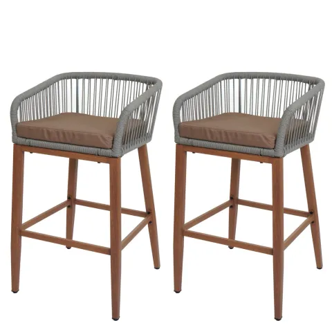 PROREGAL 2er-Set Rope-Barhocker, HxBxT 92x51x53 cm, Sitzhöhe 76cm, Hellgrau, Kissen Taupe, Outdoor Sitzpolster Seilgeflecht Metall Holz-Optik