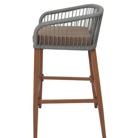 PROREGAL 2er-Set Rope-Barhocker, HxBxT 92x51x53 cm, Sitzhöhe 76cm, Hellgrau, Kissen Taupe, Outdoor Sitzpolster Seilgeflecht Metall Holz-Optik