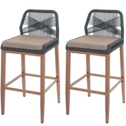PROREGAL 2er-Set Rope-Barhocker, HxBxT 101x45x50 cm, Sitzhöhe 76cm, Anthrazit, Kissen Taupe, Outdoor Sitzpolster Seilgeflecht Metall Holz-Optik
