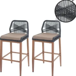 PROREGAL 2er-Set Rope-Barhocker, HxBxT 101x45x50 cm, Sitzhöhe 76cm, Anthrazit, Kissen Taupe, Outdoor Sitzpolster Seilgeflecht Metall Holz-Optik