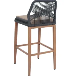 PROREGAL 2er-Set Rope-Barhocker, HxBxT 101x45x50 cm, Sitzhöhe 76cm, Anthrazit, Kissen Taupe, Outdoor Sitzpolster Seilgeflecht Metall Holz-Optik
