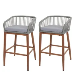 PROREGAL 2er-Set Rope-Barhocker, HxBxT 92x51x53 cm, Sitzhöhe 76cm, Hellgrau, Kissen Hellgrau, Outdoor Sitzpolster Seilgeflecht Metall Holz-Optik