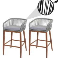 PROREGAL 2er-Set Rope-Barhocker, HxBxT 92x51x53 cm, Sitzhöhe 76cm, Hellgrau, Kissen Hellgrau, Outdoor Sitzpolster Seilgeflecht Metall Holz-Optik