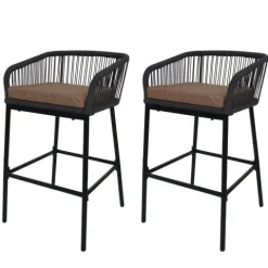PROREGAL 2er-Set Rope-Barhocker, HxBxT 92x51x53 cm, Sitzhöhe 76cm, Outdoor Sitzpolster Seilgeflecht Metall, Anthrazit, Kissen Taupe, Tresenhocker