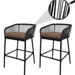 PROREGAL 2er-Set Rope-Barhocker, HxBxT 92x51x53 cm, Sitzhöhe 76cm, Outdoor Sitzpolster Seilgeflecht Metall, Anthrazit, Kissen Taupe, Tresenhocker