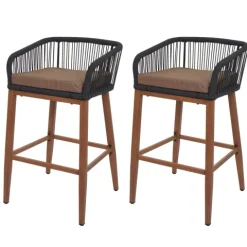 PROREGAL 2er-Set Rope-Barhocker, HxBxT 92x51x53 cm, Sitzhöhe 76cm, Anthrazit, Kissen Taupe, Outdoor Sitzpolster Seilgeflecht Metall Holz-Optik