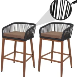 PROREGAL 2er-Set Rope-Barhocker, HxBxT 92x51x53 cm, Sitzhöhe 76cm, Anthrazit, Kissen Taupe, Outdoor Sitzpolster Seilgeflecht Metall Holz-Optik