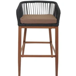 PROREGAL 2er-Set Rope-Barhocker, HxBxT 92x51x53 cm, Sitzhöhe 76cm, Anthrazit, Kissen Taupe, Outdoor Sitzpolster Seilgeflecht Metall Holz-Optik