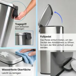 PROREGAL Mülleimer Küche Bad 50L, Abfalleimer mit Softclose & Stay-Open Deckel, Fußpedal & Inneneimer | Stahl, Silber | rechteckiger Treteimer mit Inneneimer, Tretmülleimer 50 Liter