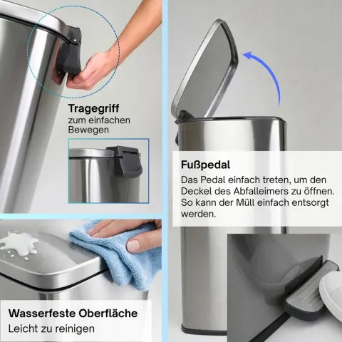 PROREGAL Mülleimer Küche Bad 50L, Abfalleimer mit Softclose & Stay-Open Deckel, Fußpedal & Inneneimer | Stahl, Silber | rechteckiger Treteimer mit Inneneimer, Tretmülleimer 50 Liter