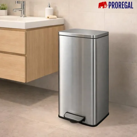 PROREGAL Mülleimer Küche Bad 50L, Abfalleimer mit Softclose & Stay-Open Deckel, Fußpedal & Inneneimer | Stahl, Silber | rechteckiger Treteimer mit Inneneimer, Tretmülleimer 50 Liter