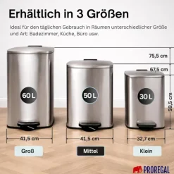 PROREGAL Mülleimer Küche Bad 50L, Abfalleimer mit Softclose & Stay-Open Deckel, Fußpedal & Inneneimer | Stahl, Silber | rechteckiger Treteimer mit Inneneimer, Tretmülleimer 50 Liter