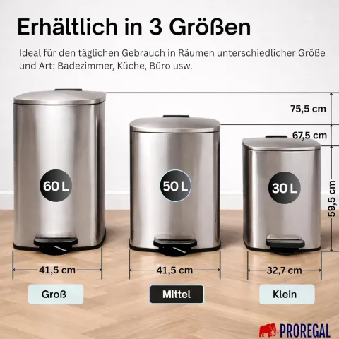 PROREGAL Mülleimer Küche Bad 50L, Abfalleimer mit Softclose & Stay-Open Deckel, Fußpedal & Inneneimer | Stahl, Silber | rechteckiger Treteimer mit Inneneimer, Tretmülleimer 50 Liter