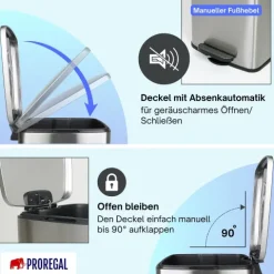 PROREGAL Mülleimer Küche Bad 50L, Abfalleimer mit Softclose & Stay-Open Deckel, Fußpedal & Inneneimer | Stahl, Silber | rechteckiger Treteimer mit Inneneimer, Tretmülleimer 50 Liter