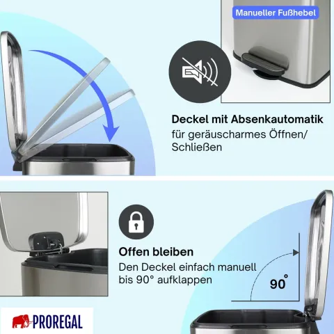 PROREGAL Mülleimer Küche Bad 50L, Abfalleimer mit Softclose & Stay-Open Deckel, Fußpedal & Inneneimer | Stahl, Silber | rechteckiger Treteimer mit Inneneimer, Tretmülleimer 50 Liter