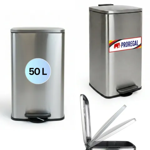 PROREGAL Mülleimer Küche Bad 50L, Abfalleimer mit Softclose & Stay-Open Deckel, Fußpedal & Inneneimer | Stahl, Silber | rechteckiger Treteimer mit Inneneimer, Tretmülleimer 50 Liter