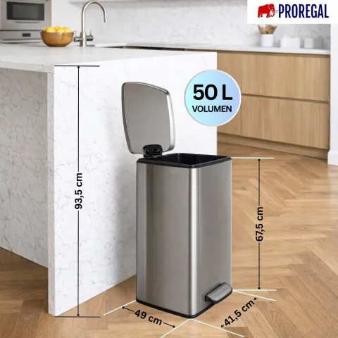 PROREGAL Mülleimer Küche Bad 50L, Abfalleimer mit Softclose & Stay-Open Deckel, Fußpedal & Inneneimer | Stahl, Silber | rechteckiger Treteimer mit Inneneimer, Tretmülleimer 50 Liter