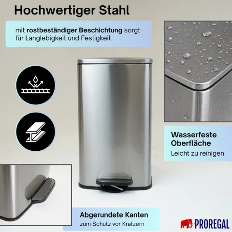 PROREGAL Mülleimer Küche Bad 50L, Abfalleimer mit Softclose & Stay-Open Deckel, Fußpedal & Inneneimer | Stahl, Silber | rechteckiger Treteimer mit Inneneimer, Tretmülleimer 50 Liter
