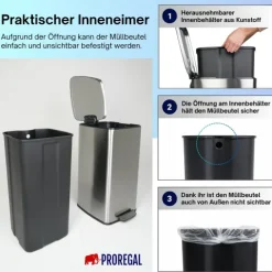 PROREGAL Mülleimer Küche Bad 50L, Abfalleimer mit Softclose & Stay-Open Deckel, Fußpedal & Inneneimer | Stahl, Silber | rechteckiger Treteimer mit Inneneimer, Tretmülleimer 50 Liter