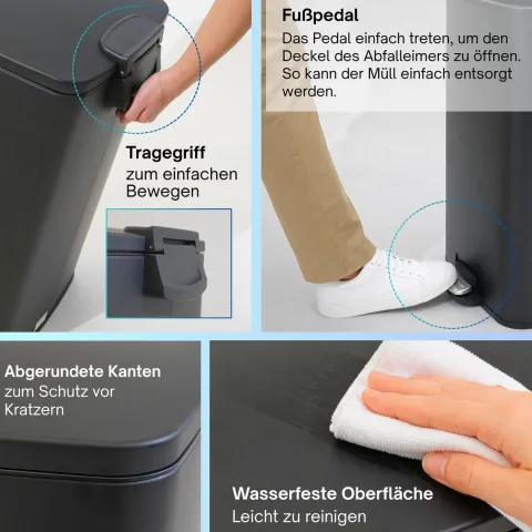 PROREGAL Mülleimer Küche Bad 50L, Abfalleimer mit Softclose & Stay-Open Deckel, Fußpedal & Inneneimer | Stahl, Matt Schwarz | rechteckiger Treteimer mit Inneneimer, Tretmülleimer 50 Liter