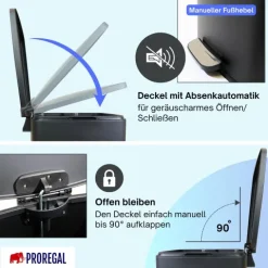 PROREGAL Mülleimer Küche Bad 50L, Abfalleimer mit Softclose & Stay-Open Deckel, Fußpedal & Inneneimer | Stahl, Matt Schwarz | rechteckiger Treteimer mit Inneneimer, Tretmülleimer 50 Liter