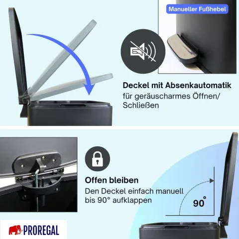 PROREGAL Mülleimer Küche Bad 50L, Abfalleimer mit Softclose & Stay-Open Deckel, Fußpedal & Inneneimer | Stahl, Matt Schwarz | rechteckiger Treteimer mit Inneneimer, Tretmülleimer 50 Liter