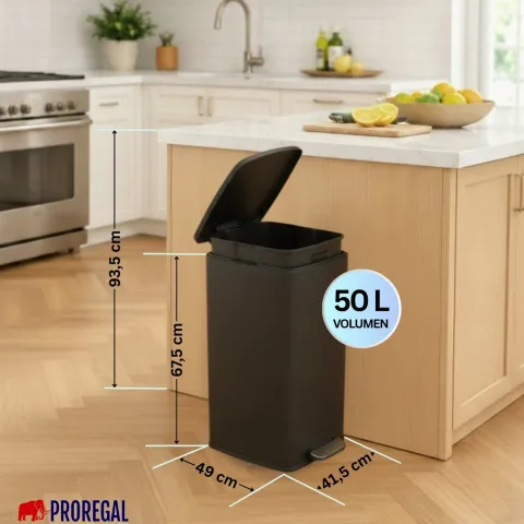 PROREGAL Mülleimer Küche Bad 50L, Abfalleimer mit Softclose & Stay-Open Deckel, Fußpedal & Inneneimer | Stahl, Matt Schwarz | rechteckiger Treteimer mit Inneneimer, Tretmülleimer 50 Liter