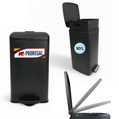 PROREGAL Mülleimer Küche Bad 50L, Abfalleimer mit Softclose & Stay-Open Deckel, Fußpedal & Inneneimer | Stahl, Matt Schwarz | rechteckiger Treteimer mit Inneneimer, Tretmülleimer 50 Liter