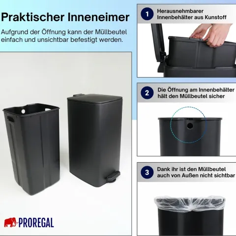 PROREGAL Mülleimer Küche Bad 50L, Abfalleimer mit Softclose & Stay-Open Deckel, Fußpedal & Inneneimer | Stahl, Matt Schwarz | rechteckiger Treteimer mit Inneneimer, Tretmülleimer 50 Liter