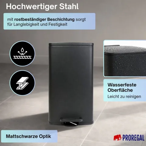 PROREGAL Mülleimer Küche Bad 50L, Abfalleimer mit Softclose & Stay-Open Deckel, Fußpedal & Inneneimer | Stahl, Matt Schwarz | rechteckiger Treteimer mit Inneneimer, Tretmülleimer 50 Liter
