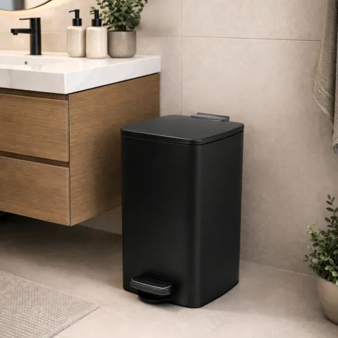 PROREGAL Mülleimer Küche Bad 50L, Abfalleimer mit Softclose & Stay-Open Deckel, Fußpedal & Inneneimer | Stahl, Matt Schwarz | rechteckiger Treteimer mit Inneneimer, Tretmülleimer 50 Liter